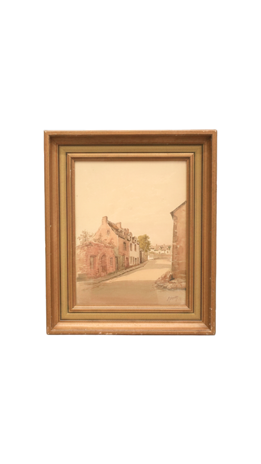 French Signed Watercolor Village Street Scene