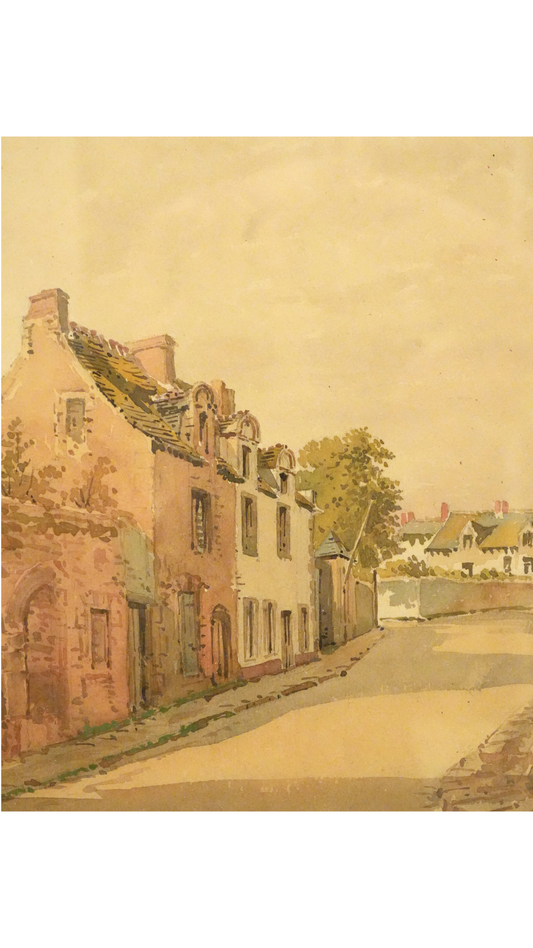French Signed Watercolor Village Street Scene