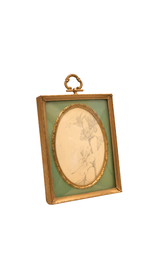 Vintage Frame with Antique French Botanical Pencil Sketch