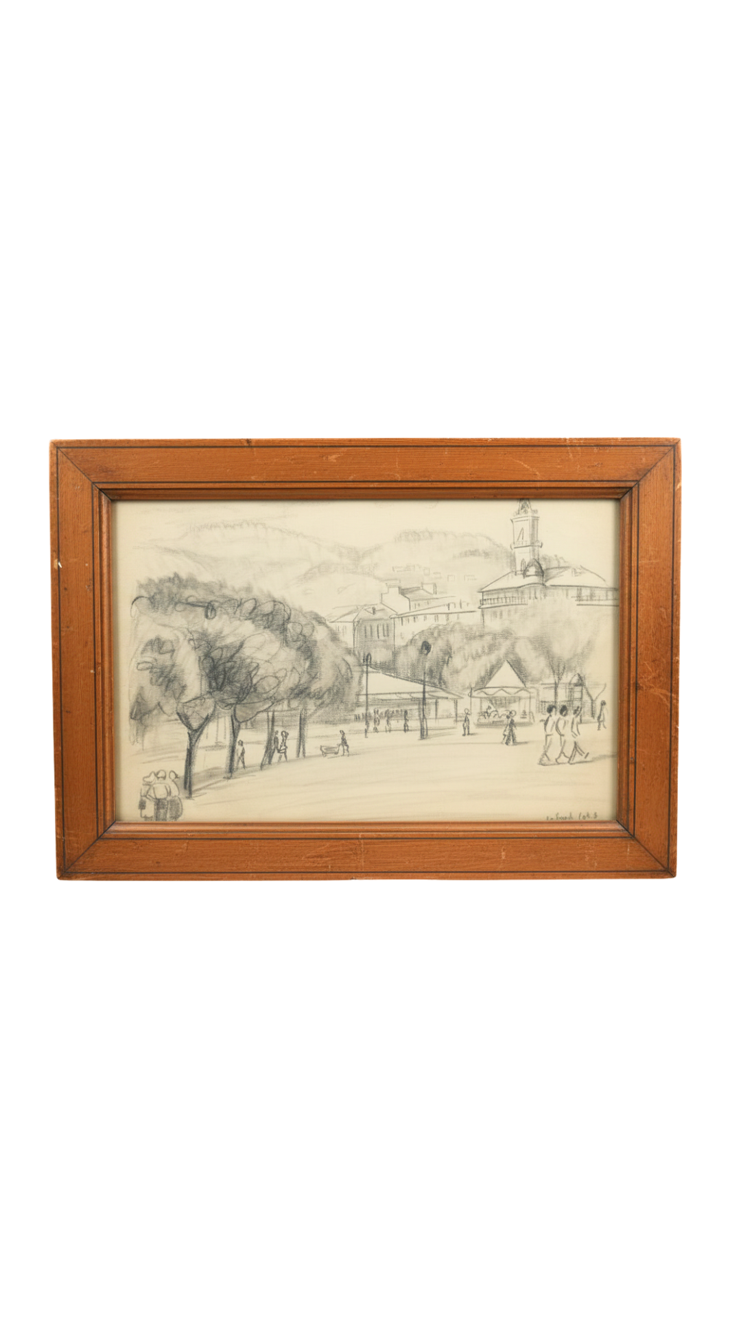 Framed 1945 French Charcoal Street Scene