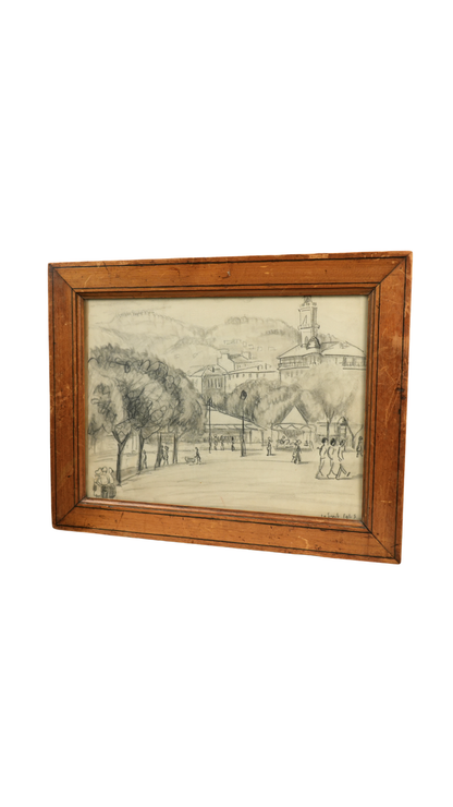 Framed 1945 French Charcoal Street Scene