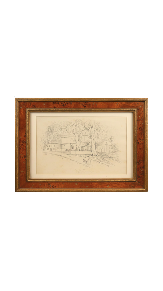 Antique French Pencil Drawing of Café des Platanes, Jardin d’Essai