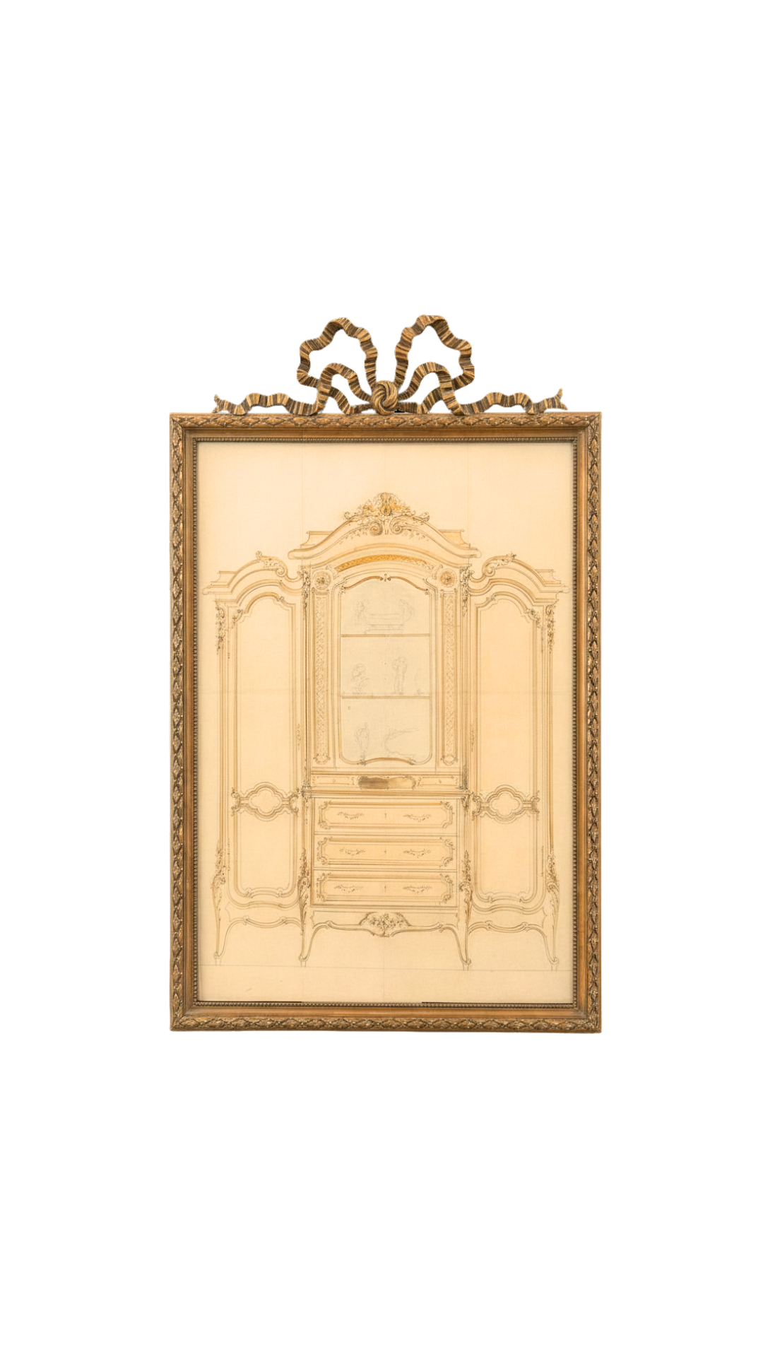 Large Watercolor & Pencil Cabinet Design in Bronze Gilt Frame