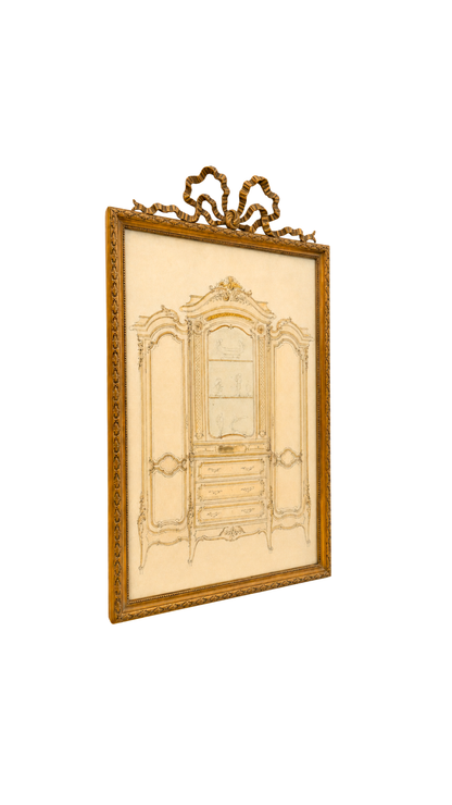 Large Watercolor & Pencil Cabinet Design in Bronze Gilt Frame
