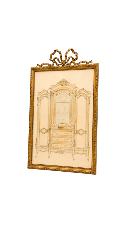 Large Watercolor & Pencil Cabinet Design in Bronze Gilt Frame