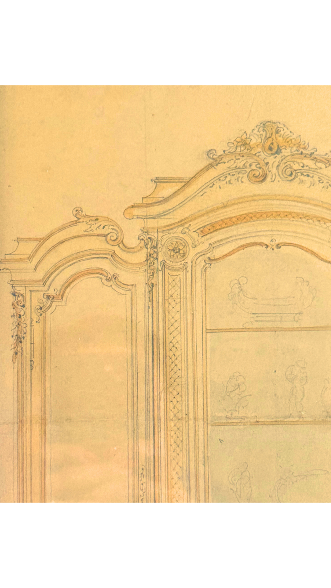 Large Watercolor & Pencil Cabinet Design in Bronze Gilt Frame