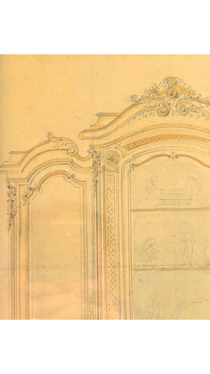 Large Watercolor & Pencil Cabinet Design in Bronze Gilt Frame