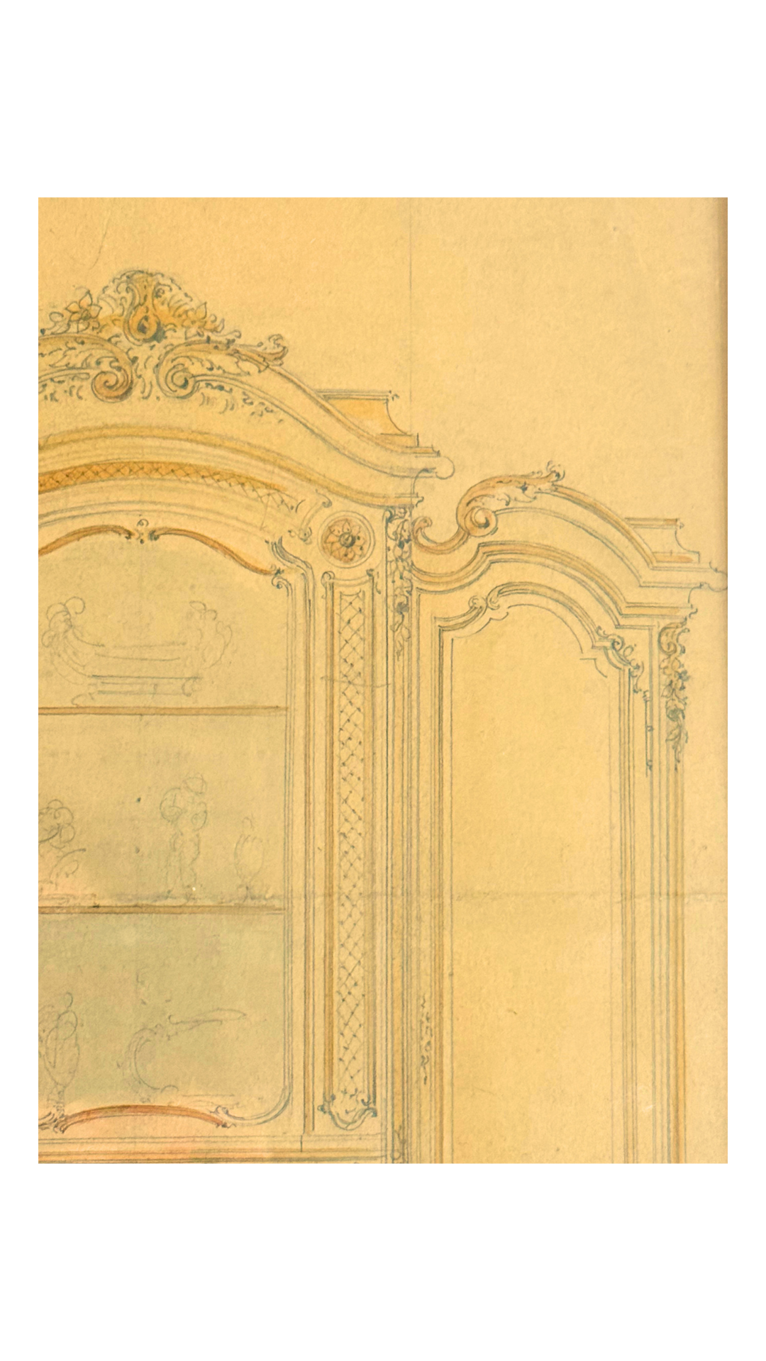 Large Watercolor & Pencil Cabinet Design in Bronze Gilt Frame
