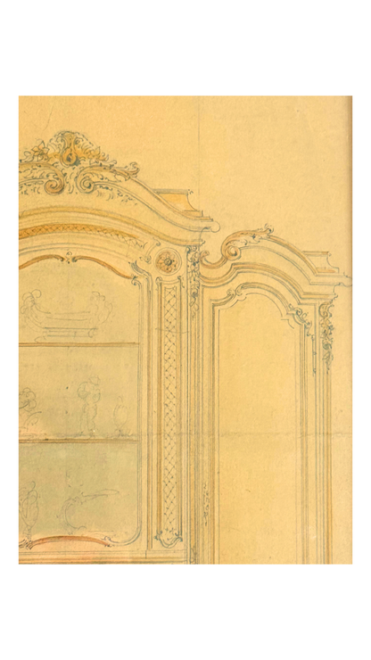 Large Watercolor & Pencil Cabinet Design in Bronze Gilt Frame