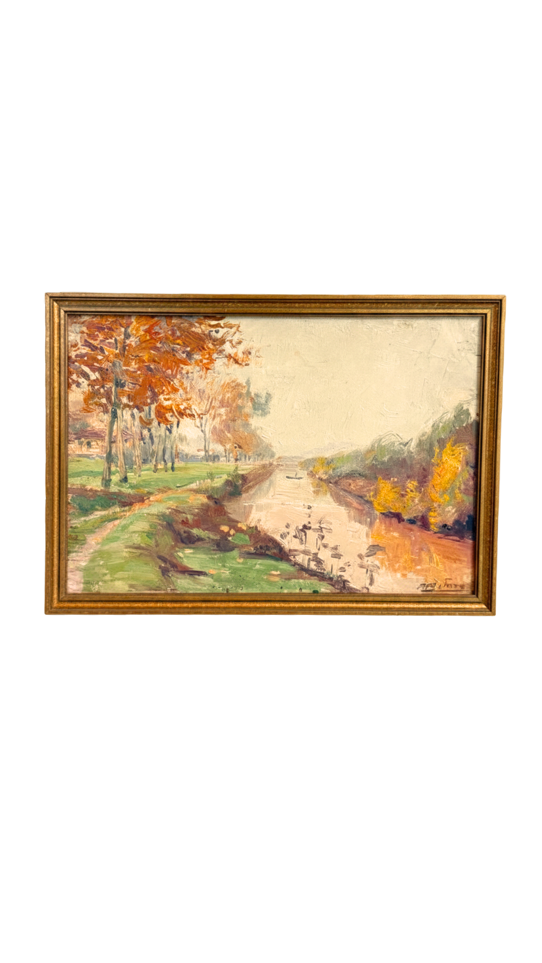 Signed Vintage French Impressionist Canal Landscape Painting