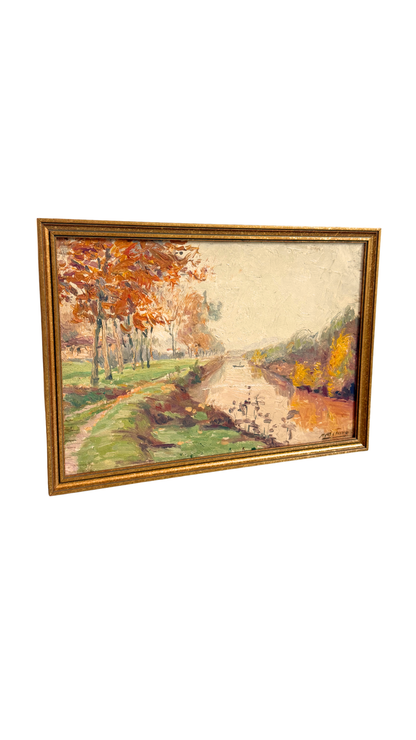 Signed Vintage French Impressionist Canal Landscape Painting