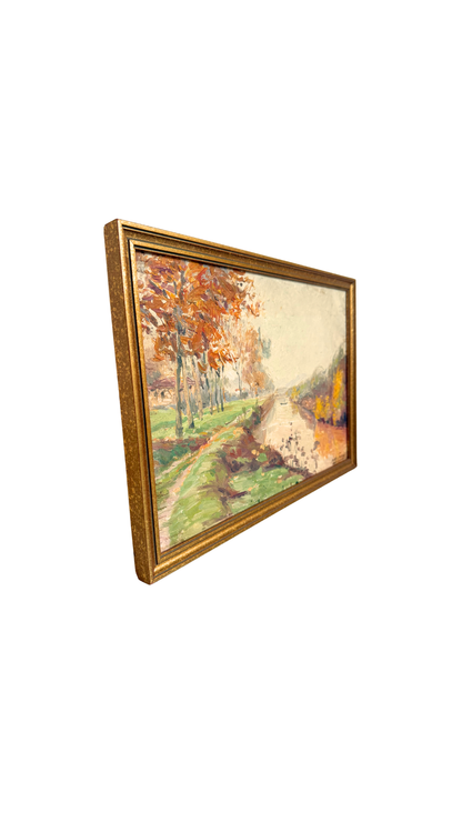 Signed Vintage French Impressionist Canal Landscape Painting