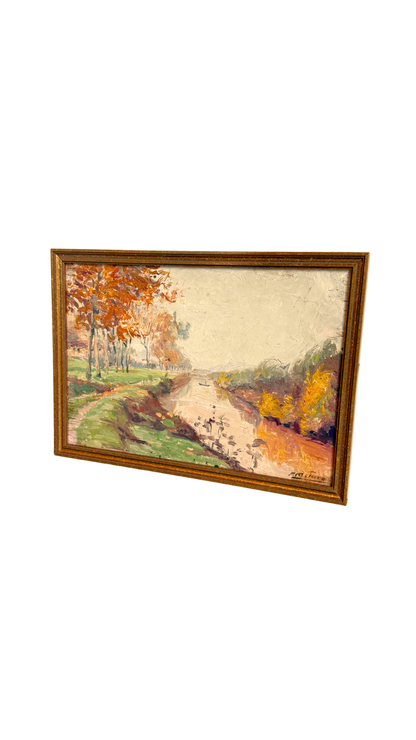 Signed Vintage French Impressionist Canal Landscape Painting
