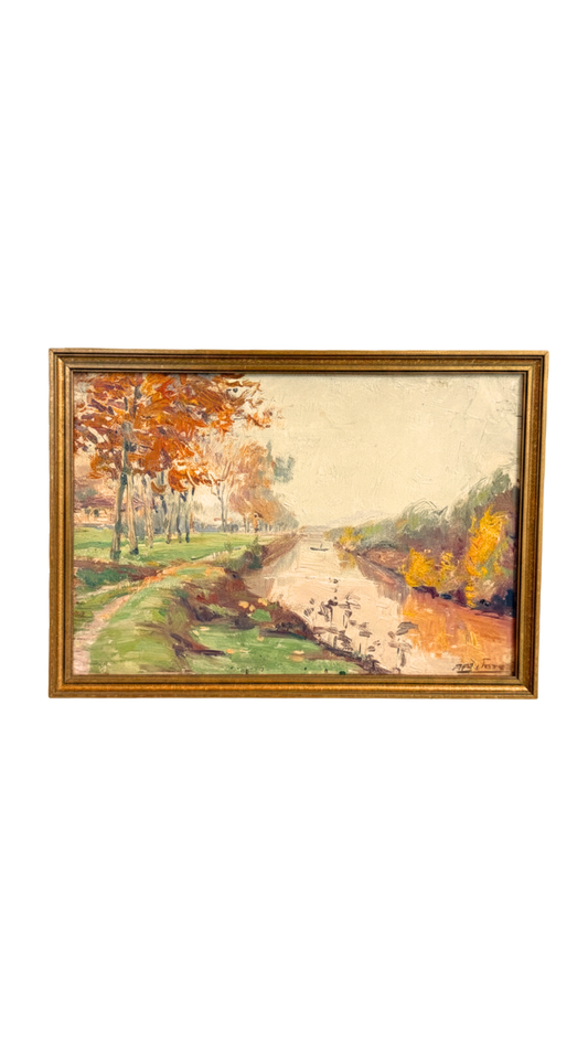 Signed Vintage French Impressionist Canal Landscape Painting