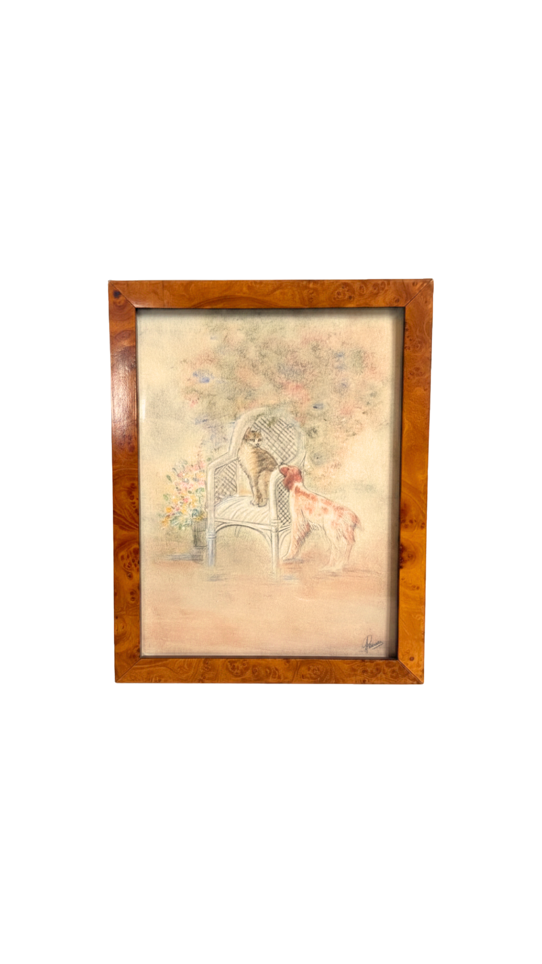 Cat & Dog Pastel in Burl Wood Frame