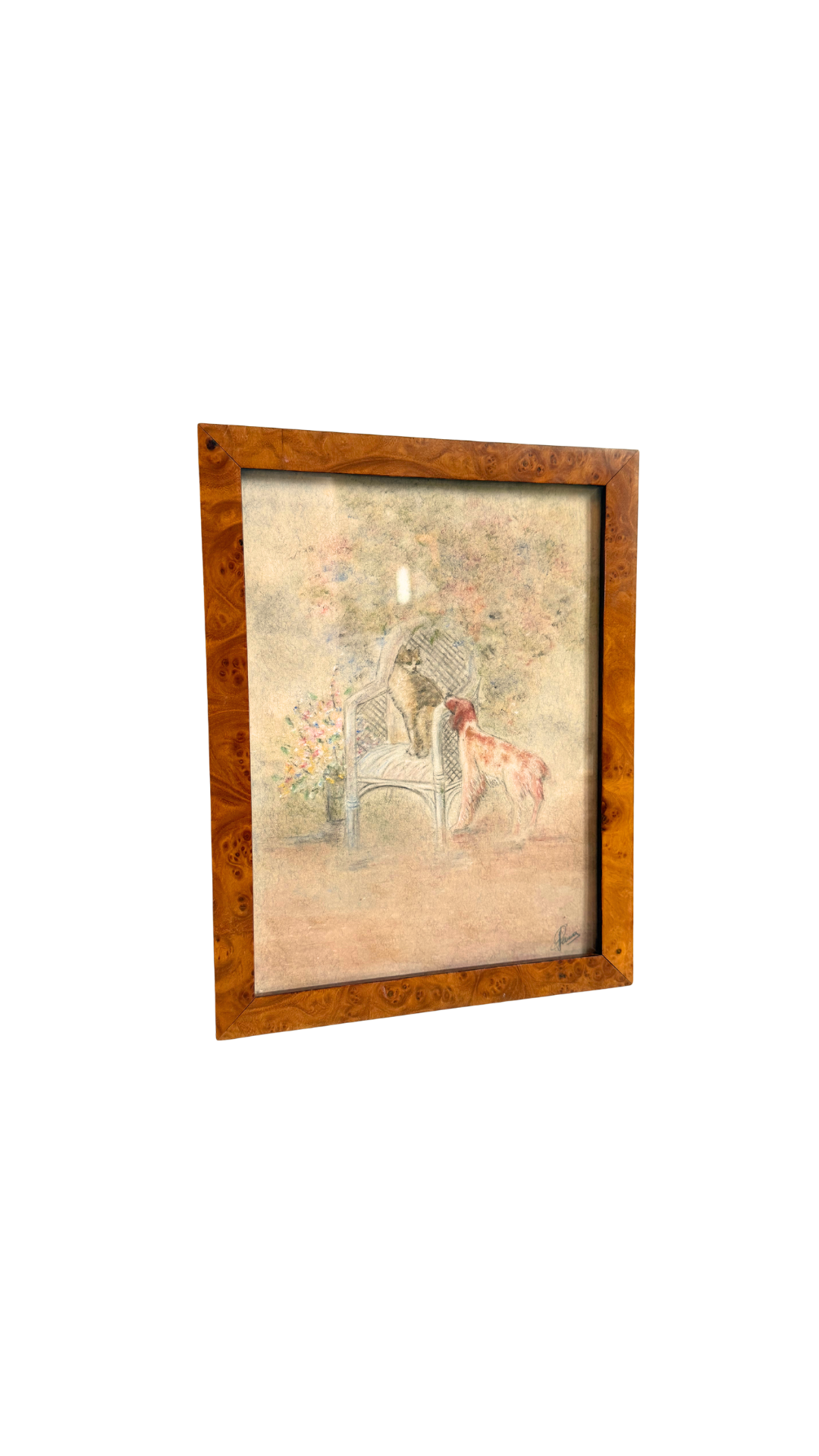 Cat & Dog Pastel in Burl Wood Frame