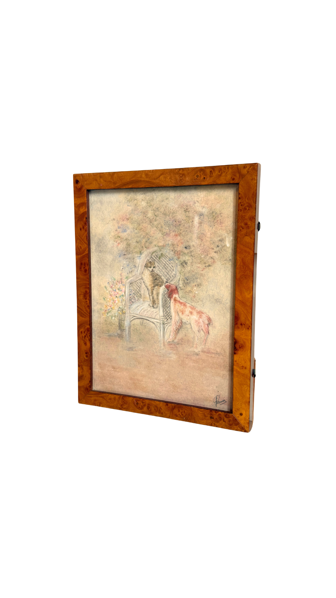 Cat & Dog Pastel in Burl Wood Frame