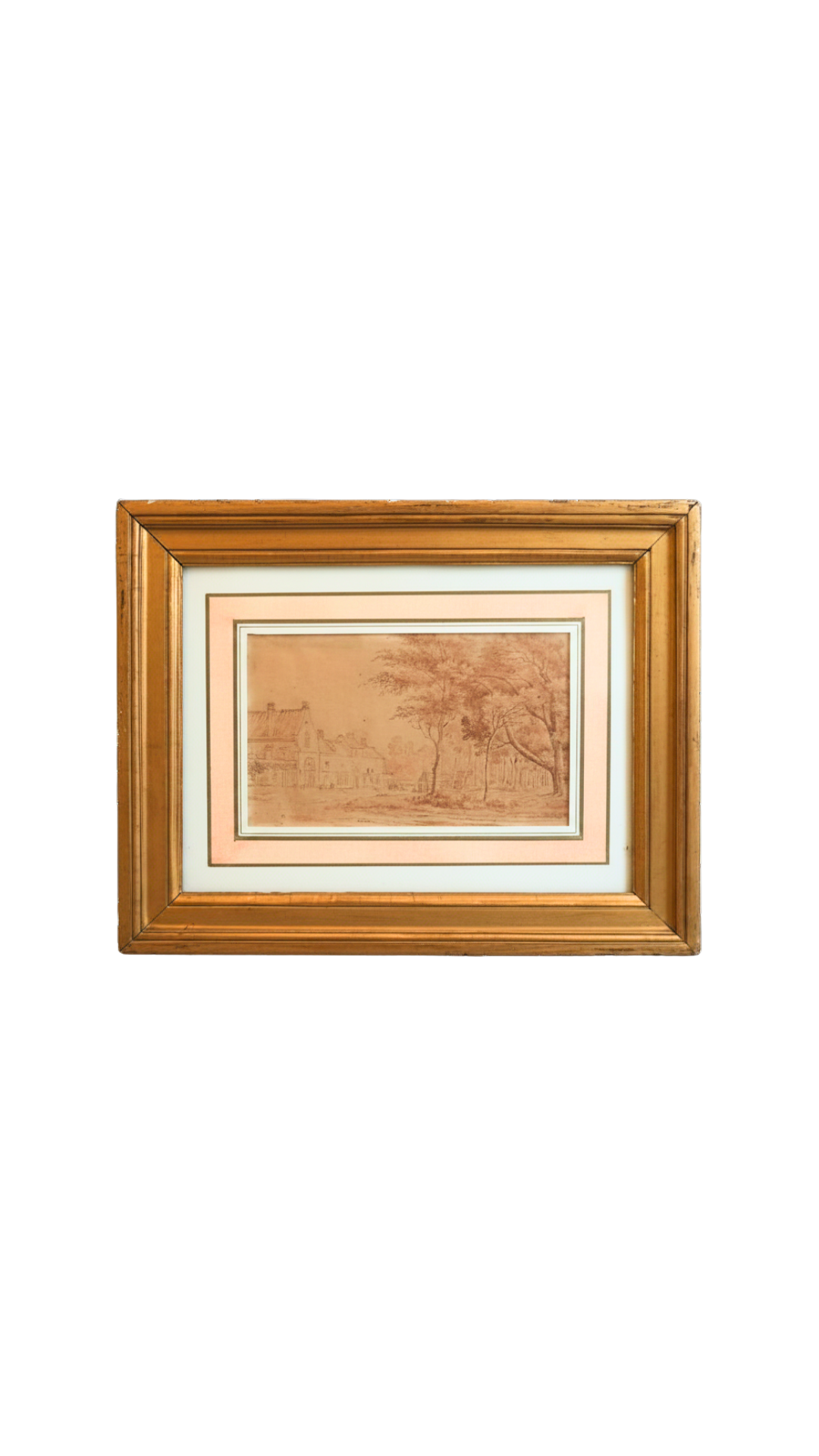 Antique Sepia Landscape Drawing with Galerie Léo Schidlof Label
