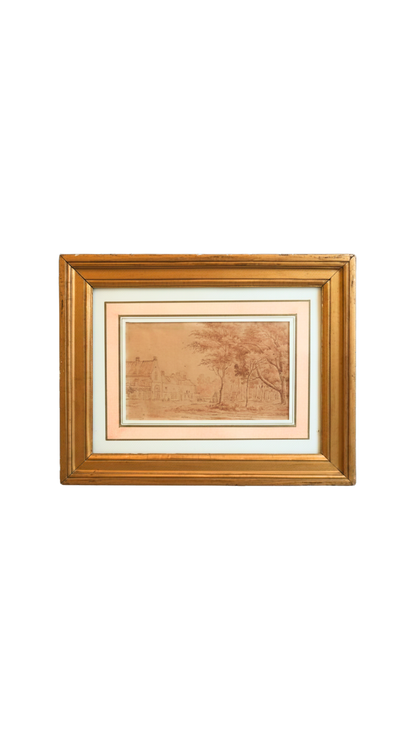 Antique Sepia Landscape Drawing with Galerie Léo Schidlof Label