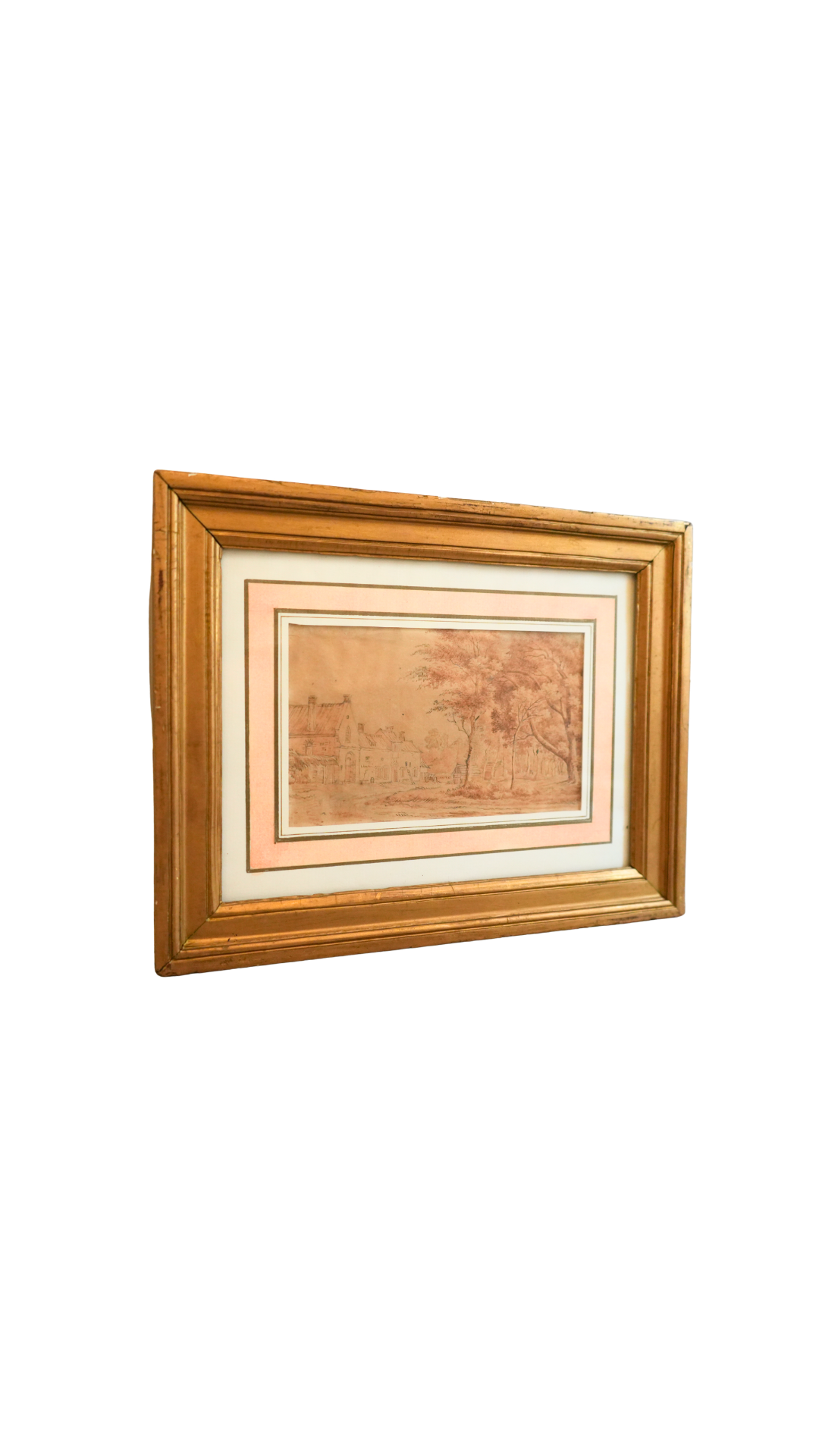 Antique Sepia Landscape Drawing with Galerie Léo Schidlof Label