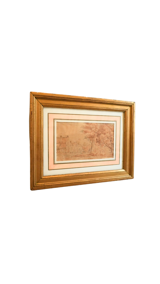 Antique Sepia Landscape Drawing with Galerie Léo Schidlof Label