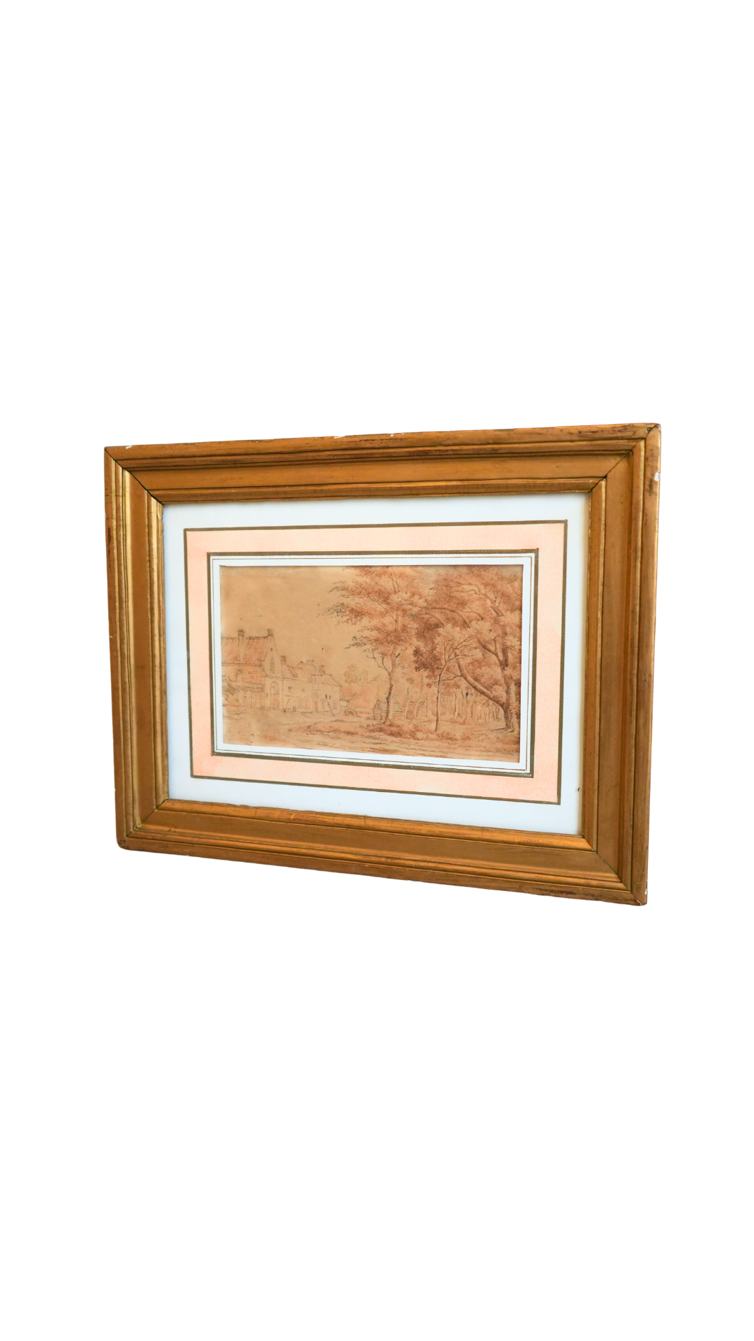Antique Sepia Landscape Drawing with Galerie Léo Schidlof Label