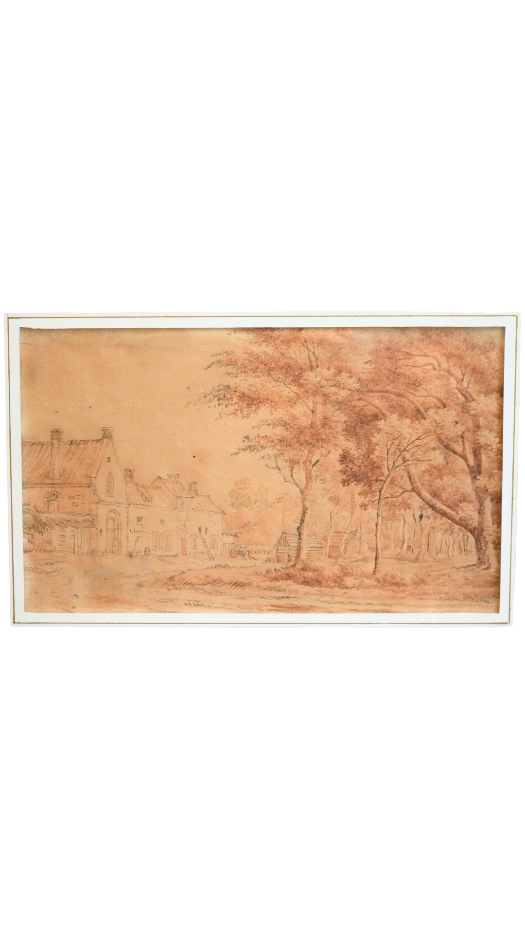 Antique Sepia Landscape Drawing with Galerie Léo Schidlof Label