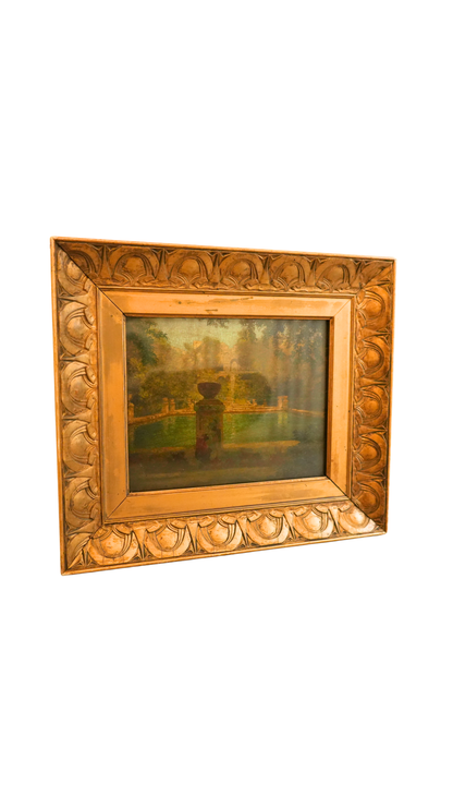 Antique French Garden Oil Painting with Mercier Frères Label