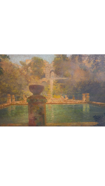 Antique French Garden Oil Painting with Mercier Frères Label