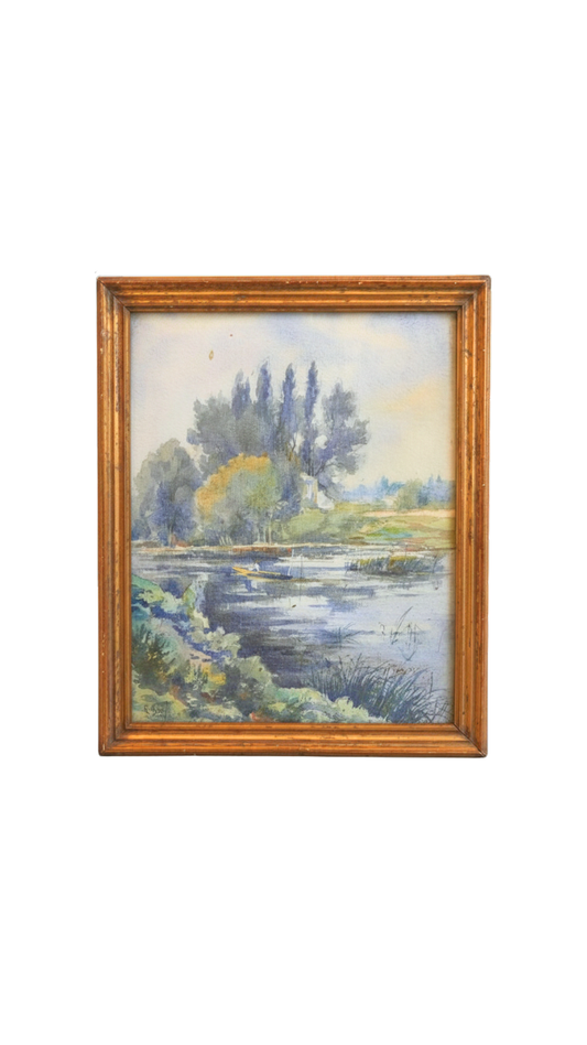 Vintage Watercolor River Landscape with Boat