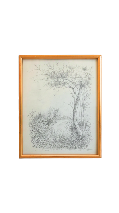 Signed Vintage Pencil Landscape Drawing with Tree & River