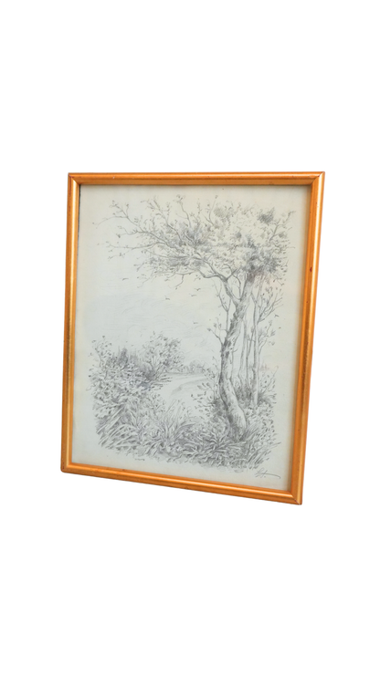 Signed Vintage Pencil Landscape Drawing with Tree & River