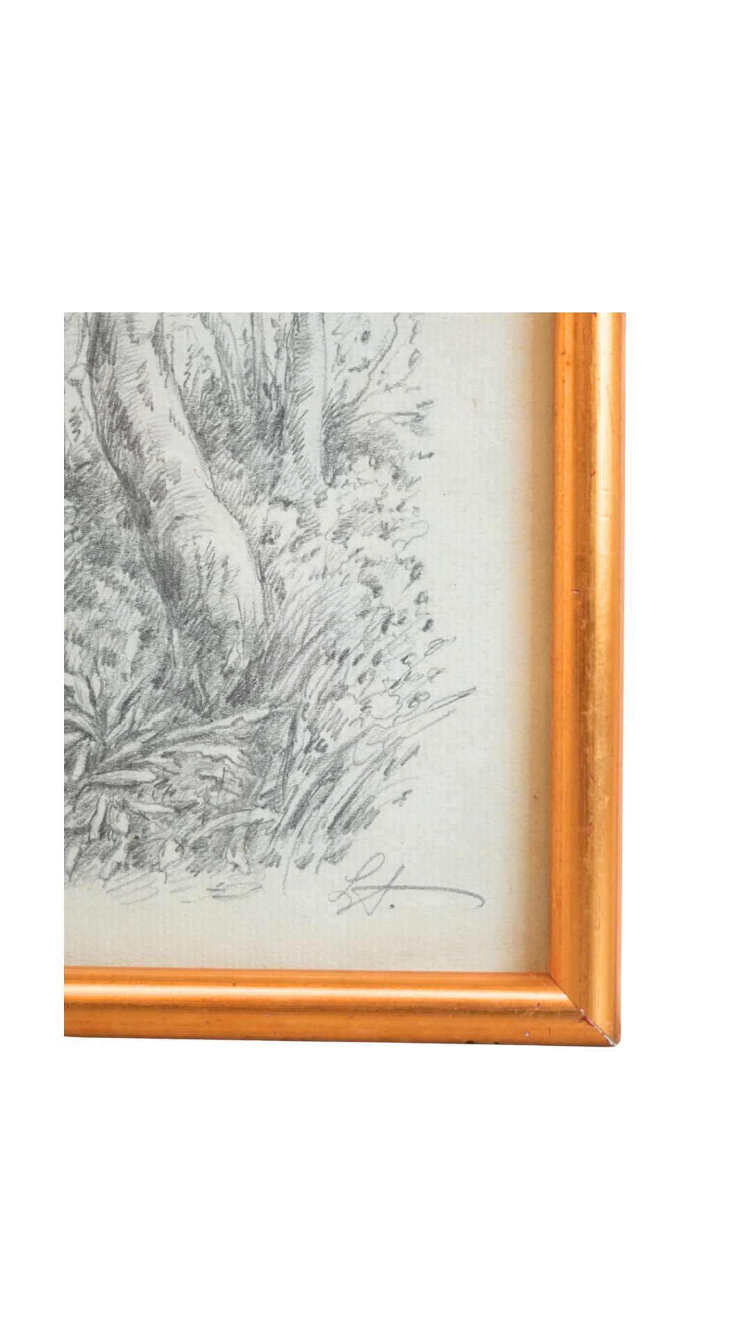 Signed Vintage Pencil Landscape Drawing with Tree & River