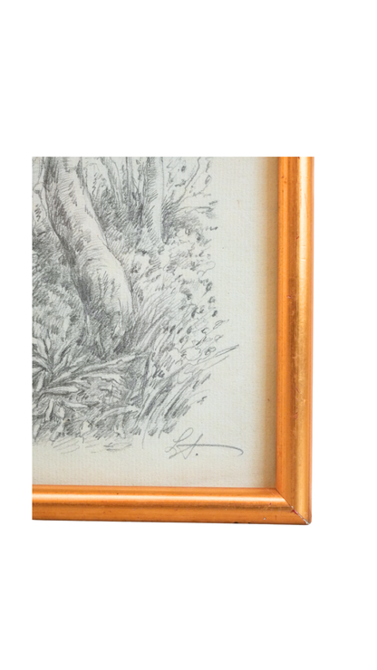 Signed Vintage Pencil Landscape Drawing with Tree & River