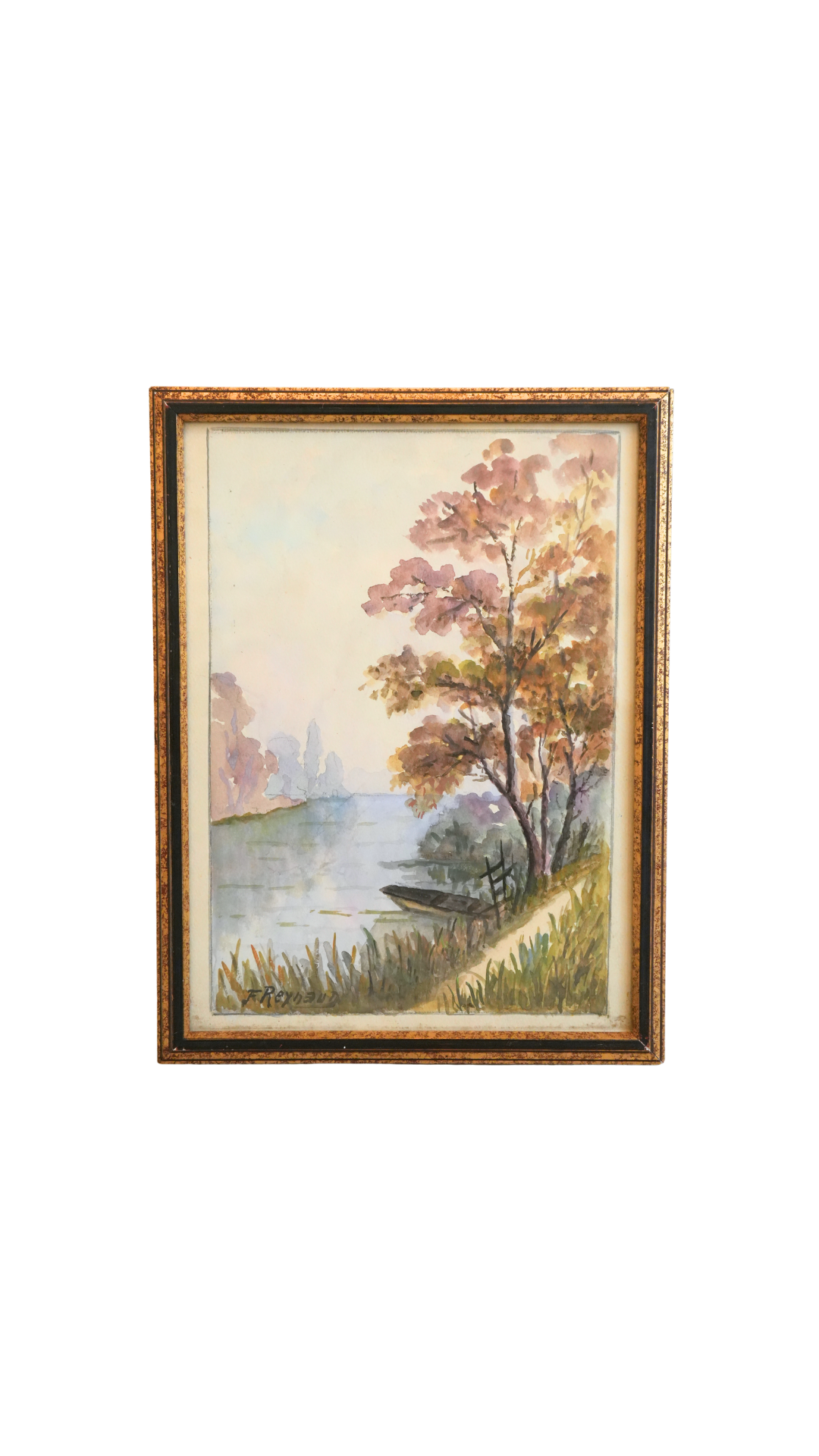 Signed F. Reynaud Watercolor Lake Landscape