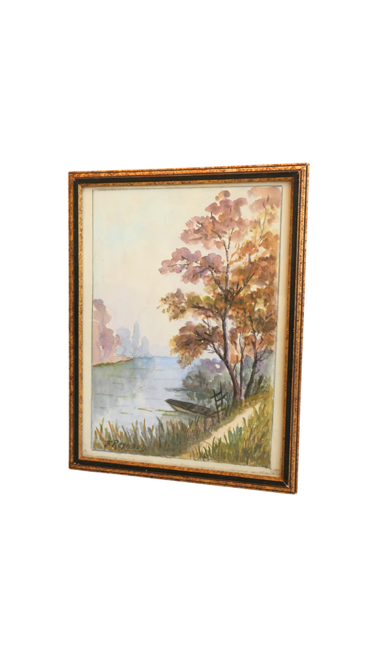 Signed F. Reynaud Watercolor Lake Landscape