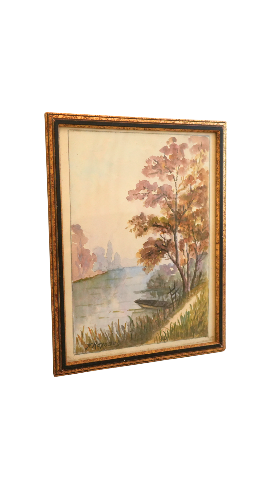 Signed F. Reynaud Watercolor Lake Landscape