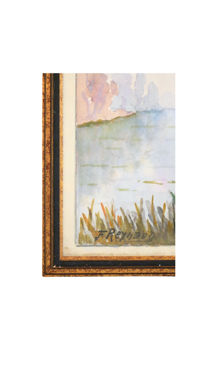 Signed F. Reynaud Watercolor Lake Landscape