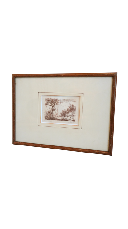 Framed French Original Etching by Brudieux, “Paysage”