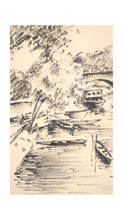 Framed Ink Paris River Scene