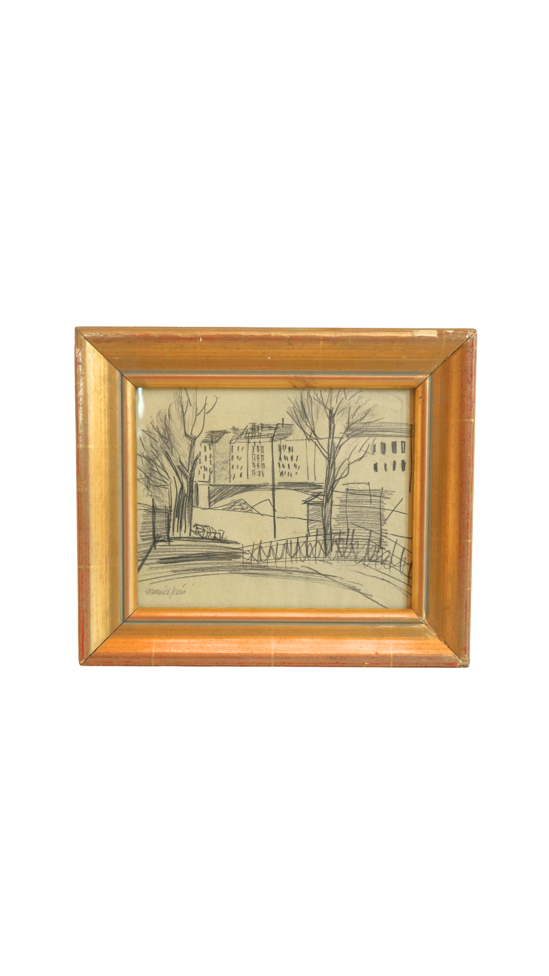 Original French Cityscape Drawing Signed Maurice J.