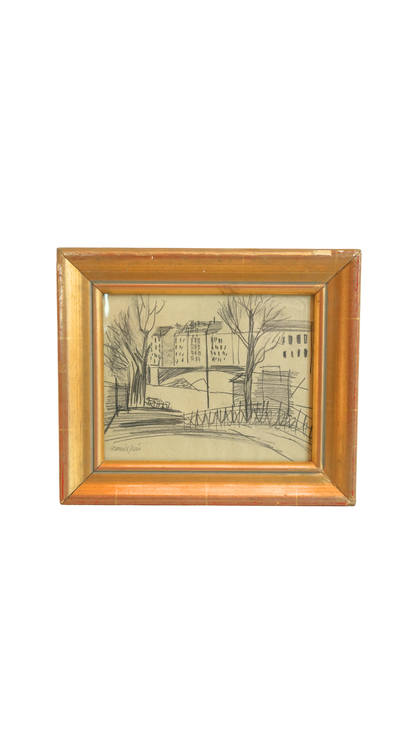 Original French Cityscape Drawing Signed Maurice J.