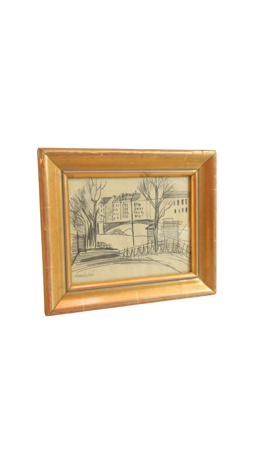 Original French Cityscape Drawing Signed Maurice J.