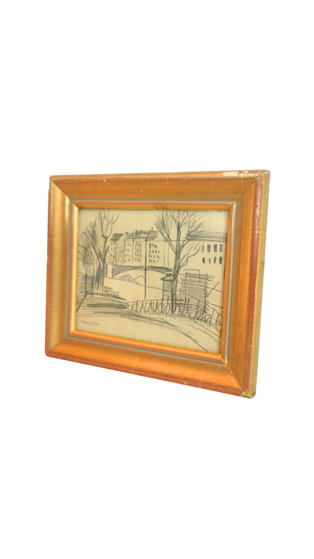 Original French Cityscape Drawing Signed Maurice J.