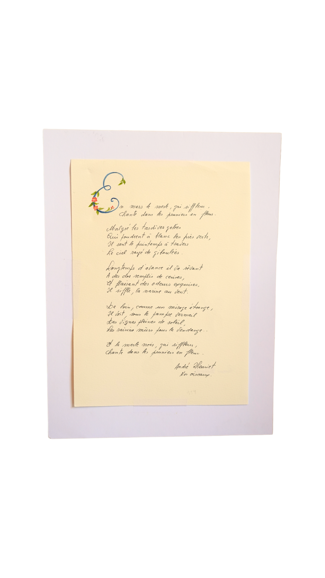 Original Botanical Watercolor of Prunus Pissardii with French Poem Verso