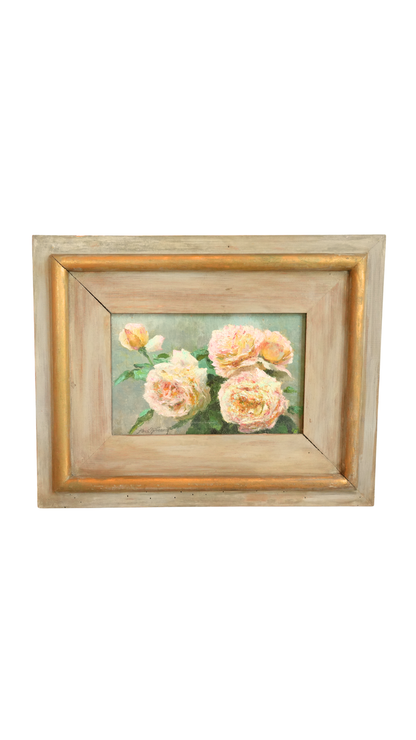 Antique French Blush Roses in a Vintage Painted Frame