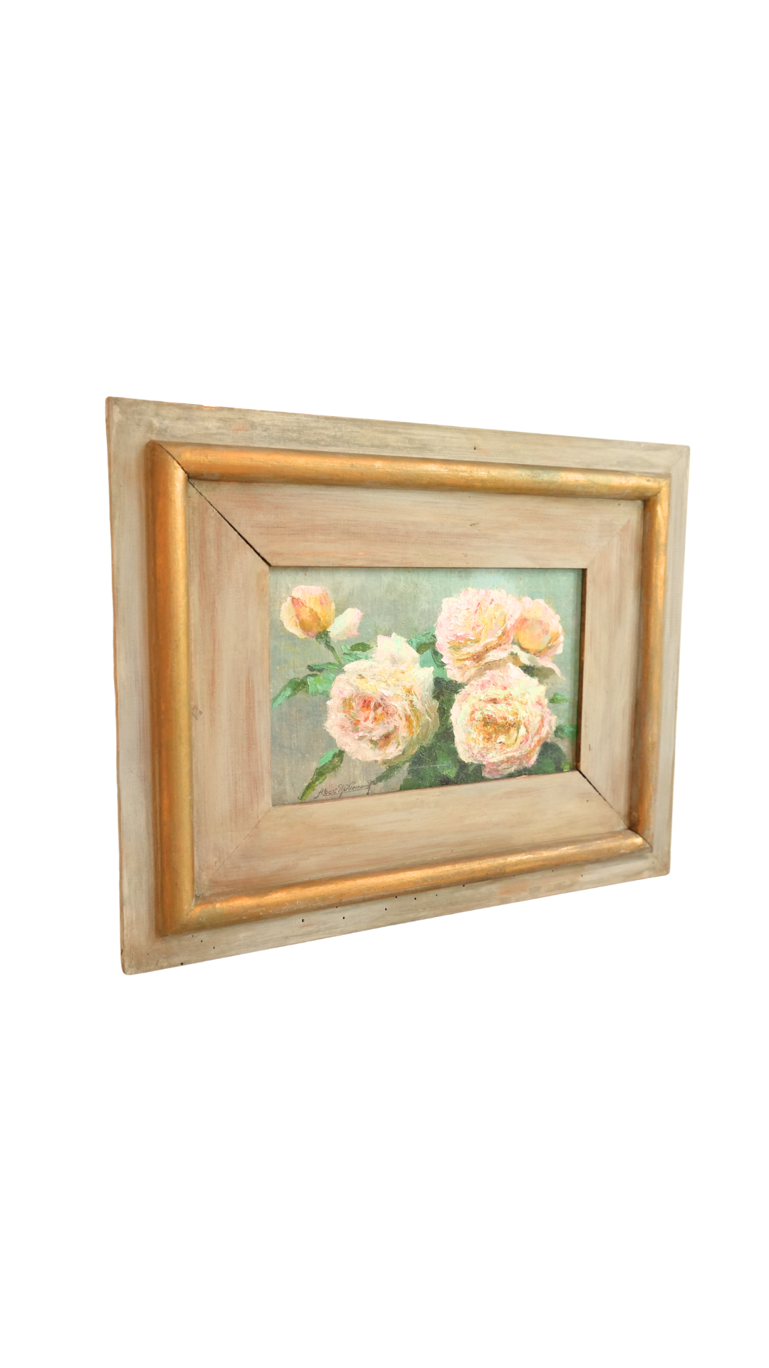 Antique French Blush Roses in a Vintage Painted Frame