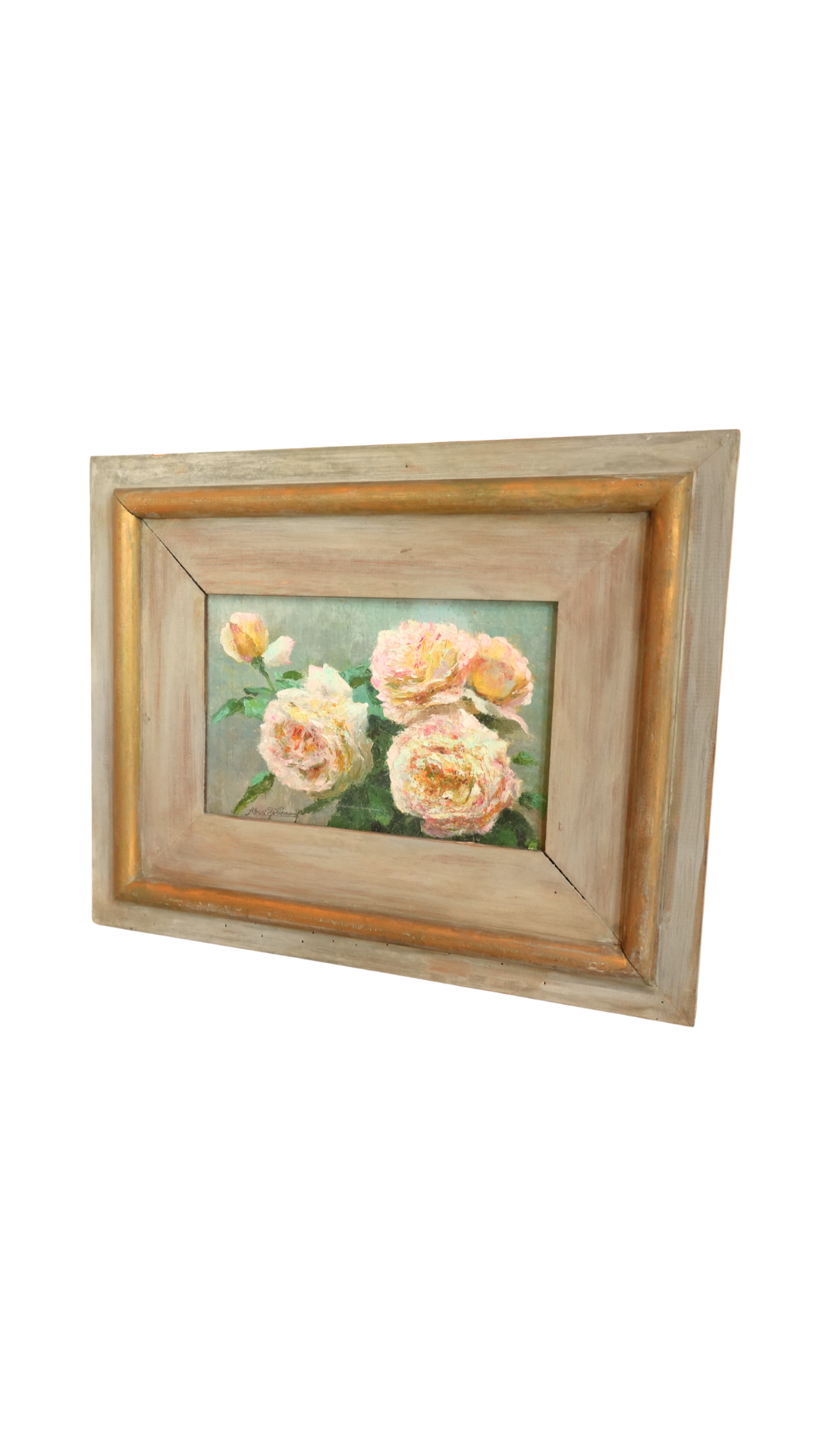Antique French Blush Roses in a Vintage Painted Frame