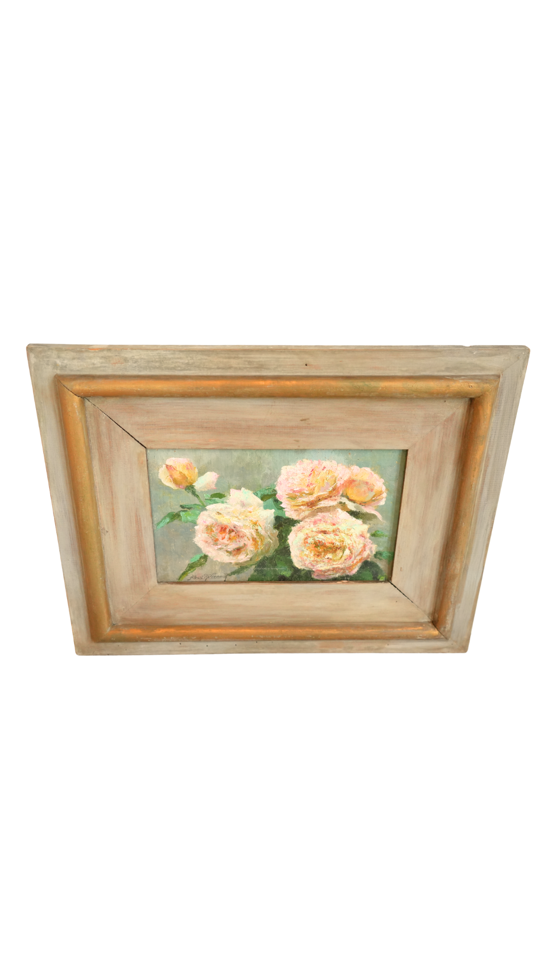 Antique French Blush Roses in a Vintage Painted Frame