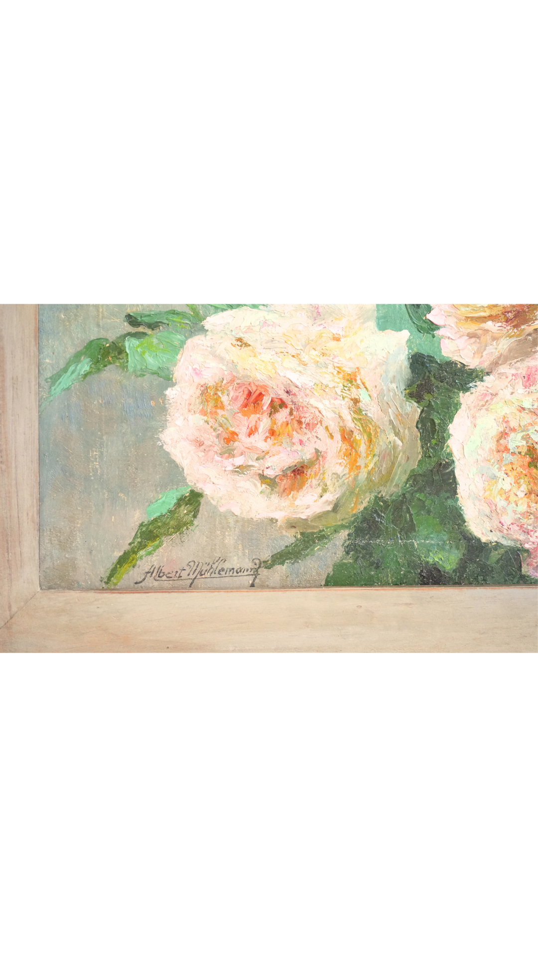 Antique French Blush Roses in a Vintage Painted Frame
